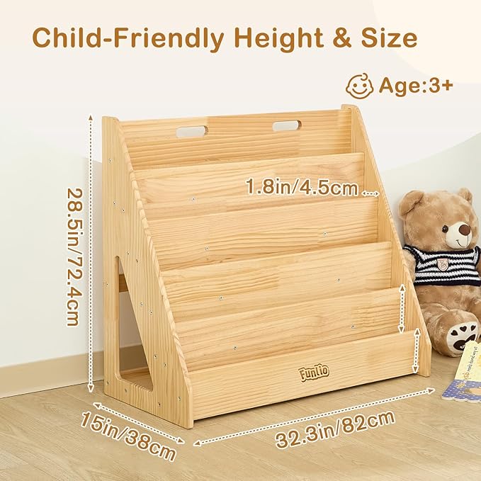 FUNLIO Solid Wood Montessori Classroom Bookshelf, 5 Tier Front-Facing Book Shelf for Kids, Toddler Bookshelf with Handle and Back Storage Space, Bookcase for Nursery/Playroom