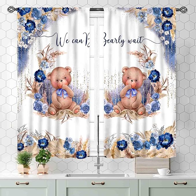 Bear Curtains for Kids Room, Baby Boys Girls Cute Lovely Bear Watercolor Floral Blue Window Drapery Treatments for Living Room Bedroom Nursey Toddler Classroom 2 Panels, 55x39 Inch