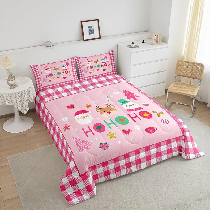 Merry Christmas Kids Comforter Set Twin Size,Cartoon Santa Claus Snowman Deer Bedding Set,Boys Girls Adults Room Decor,Geometric Grids Fashion Down Comforter,Pink Xmas Duvet Insert,1 Pillowcase