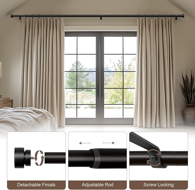 2 Pack Modern Black Curtain Rods Set for Windows 72 to 144 Inches Adjustable Length Heavy Duty 1" Diameter Window Curtain Rod with Decorative Finials for Outdoor Bedroom Kitchen Living Room