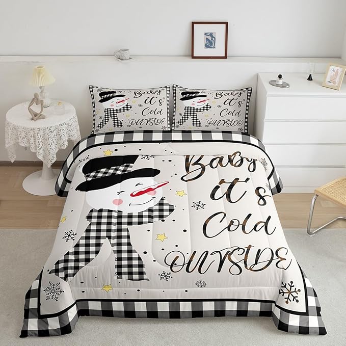 Kids Christmas Snowman Comforter Set Twin Size,Snowflake Winter Bedding,Girls Boys Adults Bedroom/Xmas Cabin Decor,Geometric Grids Lattice Down Comforter,Rustic Vintage Duvet Insert,1 Pillowcase