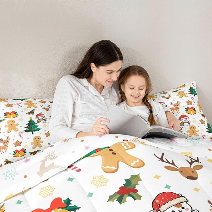 Feelyou Merry Christmas Comforter Set All Season Gingerbread Man Bedding Set with 1 Pillow Cases Cute Deer Microfiber Kids Twin Bedclothes Christmas Tree Duvet Quilt Breathable Soft Lightweight
