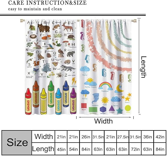Kids Alphabet Curtain, Funny Cartoon Animal Rainbow Learning, Educational Boys Girls Children Printed Rod Pocket Blackout Window Treatments for Bedroom Living Room Nursery 72" W X 63" L