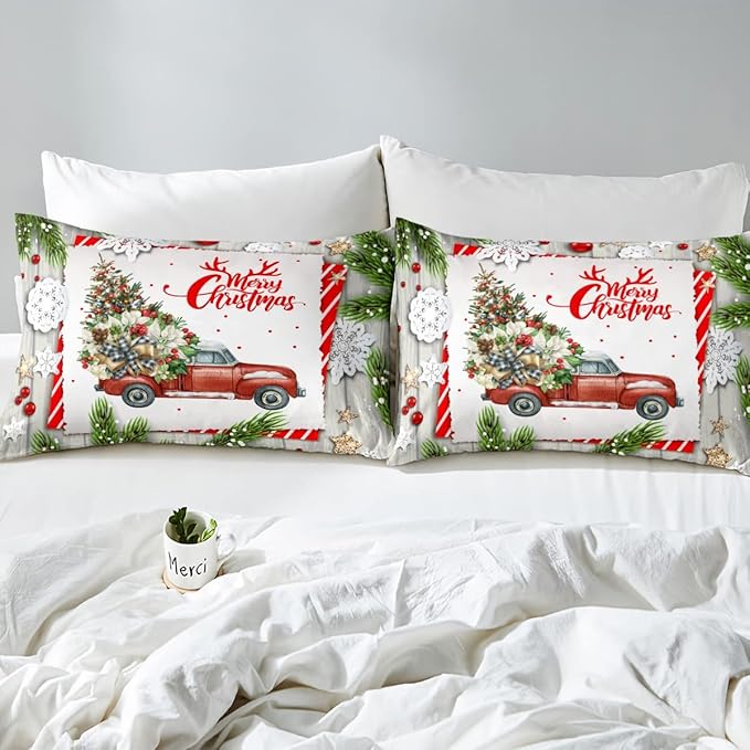 Christmas Kids Bedding Set Christmas Tree Racing Car Duvet Cover for Boys Children Teens Bedroom Decor Snowflake Xmas Theme Comforter Cover Set New Year Bedspread Cover Queen Size with 2 Pillow Case