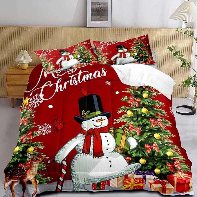 LUVIVIHOME 2PCS Merry Christmas Comforter Set Twin Size, Boys Girls Kids Bedding, Cartoon Funny Cute Snowman Deer Elk Cardinal Snowflake Xmas Tree Christmas Bedroom Decor, Red Quilt, 1 Pillow Sham