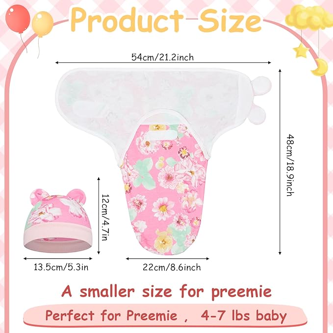 Ramede 6 Pack Preemie Swaddle Blanket with Hats Sleep Swaddle for Baby Boy Girl Preemie Newborn Sacks Soft Cotton Wearable (Flower,Colorful)