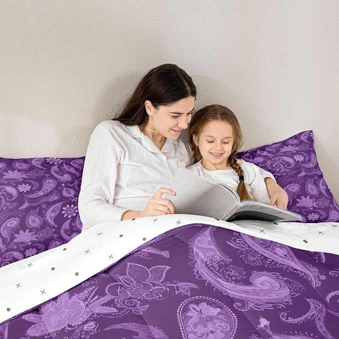 Feelyou Vintage Purple Floral Bedding Set King Size, Paisley Floral Comforter Set Boho Floral Comforter for Kids Toddler Paisley Duvet Set Microfiber Bed Set