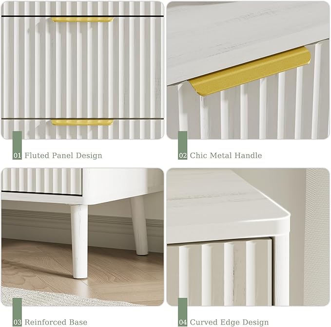 LYNSOM Fluted Dresser and Nightstand Sets 2 Piece, 2-Drawer Nightstands and 6-Drawers Dresser, Wood Bedroom Furniture Set for Home, Bedroom, Hallway, White