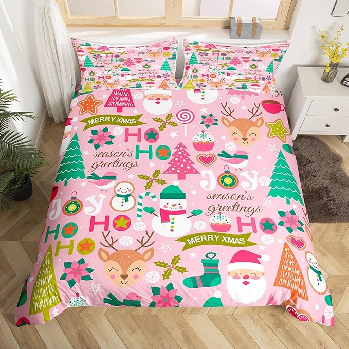 Feelyou Kids Pink Merry Christmas Bedding Set King Merry Christmas Tree and Snowman Duvet Cover for Bedroom Decor Xmas Comforter Cover Set Snowflake Holiday Bedspread Cover with 2 Pillow Case