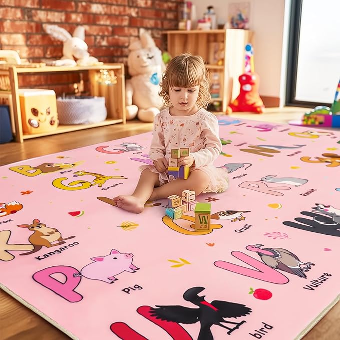 Kids Rugs for Playroom, 4x5 Feet Educational Rug for Learn The ABC Alphabet, Soft Machine Washable Non-Slip Cute Cartoon Animals Carpet for Classroom Toddler Nursery Kids Room Decor, Pink