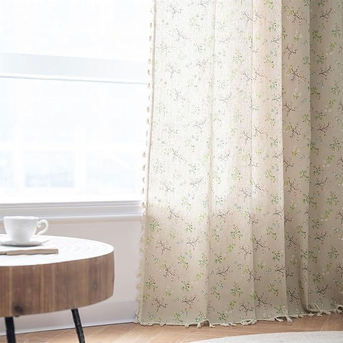 ENJOYBRIDAL Floral Bedroom Curtains 84 Inch Length 4 Panels Set Farmhouse Semi Sheer Living Room Drapes Cotton Linen Blend Bohemian Window Curtain Panels with Tassel Beige Rod Pocket Drapes