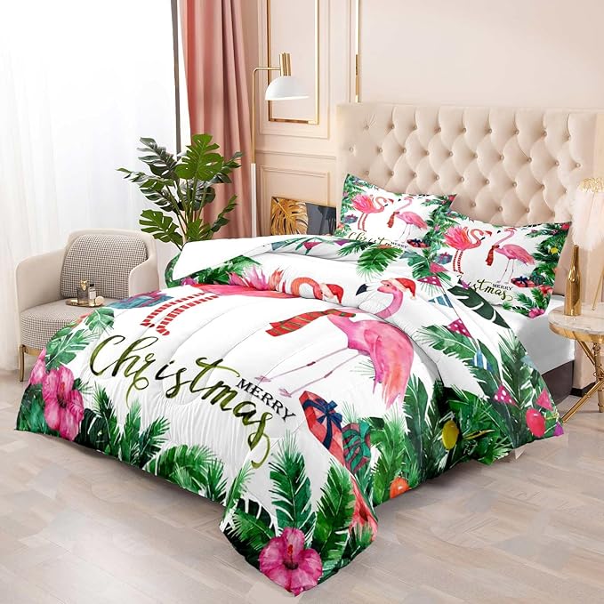 LUVIVIHOME 3PCS Merry Christmas Comforter Set Full Size, Pink Flamingo Bedding, Teens Girls Boys Kids Bedding, Tropical Green Plant Botanical Hibiscus Flower White Quilt, Xmas Gifts, 2 Pillow Cases