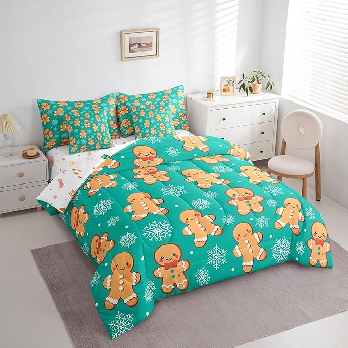 Erosebridal Christmas Gingerbread Full Bedding Set 7 Piece,Cute Gingerbread Man Bed in A Bag for Kids,Xmas Snowflake Comforter Set Kawaii Xmas Sheet Set with Comforter,Green Christmas Decoration