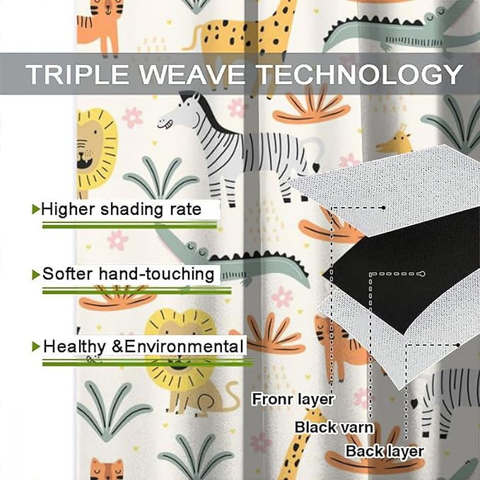 Wild Animals Curtains, Cute Cartoon Animals Zoo with Lion Zebra Crocodile Cat and Giraffe Tropical Jungle Plant Print Window Treatments for Kids Boys Girls Bedroom Living Room 63x63in