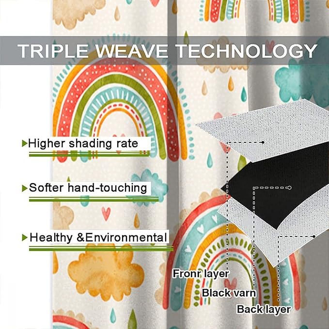 Boho Rainbow Curtains for Kids Nursery Colorful Floral Sun Star Clouds Pastel Bohemian Pattern Print Window Drapes for Girl Bedroom Living Room Kitchen Decor,2 Panel Set,42Wx63H Inch Blackout