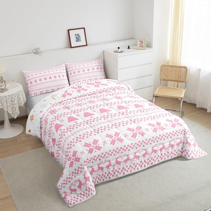 Feelyou Christmas Bedding Set for Kids Boys Girls Full Size Xmas Deer Elk Decor Comforter Set Ultra Soft Winter Comforter Xmas Snowflake Duvet Quilt Bedroom Decor Christmas Decor Quilt