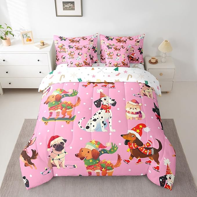 Feelyou Xmas Dog Bedding Set Cute Dog Christmas Style Comforter Set with Sheets 3D Animal Bed in a Bag for Boys Girls Children Teens Bedroom Decor Pink Bed Set 7Pcs Queen Size