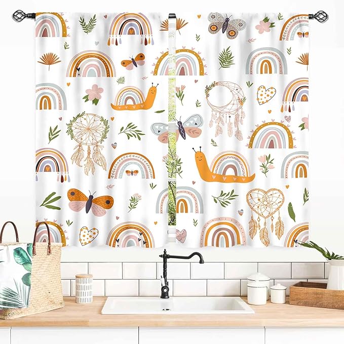 Boho Rainbow Curtains for Girls Bedroom, Bohemian Cute Lovely Butterfly Floral Rainbow Print Pastel Baby Kids Girls Bedroom Living Room Nursery Playroom Classroom Curtains for Windows, 55x39 Inch