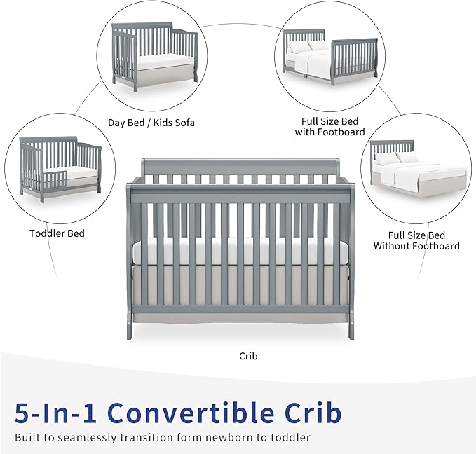 Baby Crib 5-in-1 Convertible, Wooden Cribs Converts to Toddler Bed, Daybed and Full-Size Bed, Nursery Furniture with Non-Toxic Finishes (Steel Grey)