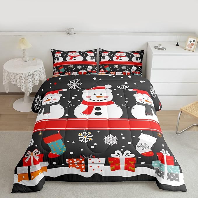 Feelyou Christmas Comforter Set Queen Size Snowman Bedding Set for Kids Boys Girls Snowflake Duvet Quilt New Year Gift Bedroom Decor Microfiber 3 Pcs with 2 Pillow Cases