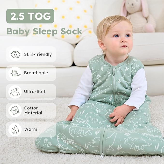 Baby Sleep Sack 18-24 Months, 2.5 TOG Cotton Winter Baby Wearable Blanket with 2-Way Zipper, Warm Soft Sleeping Bag for Toddler Boy Girl, XLarge Dinosaur