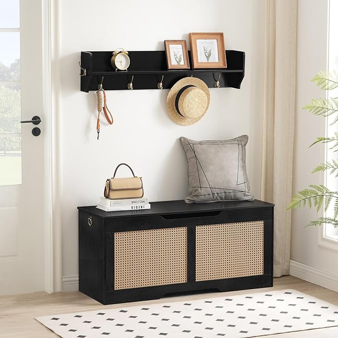 HOOBRO Storage Bench, 43.3" Toy Box, Rattan-Like Storage Chest, Sturdy Entryway Bench Supports 220 lb, Toy Chest, Safety Hinge, U-Shaped Opening, Easy Assembly, Black BB22CW01