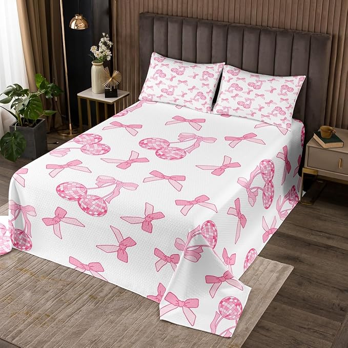 Cartoon Bowknot Kids Bedspread Twin Size,Western Cowgirl Disco Ball Retro Coverlet Set,Girls Women Room Decor,Bow Tie Cute Princess Quilted Coverlet,Pink Romantic Bedding Quilt,1 Pillowcase