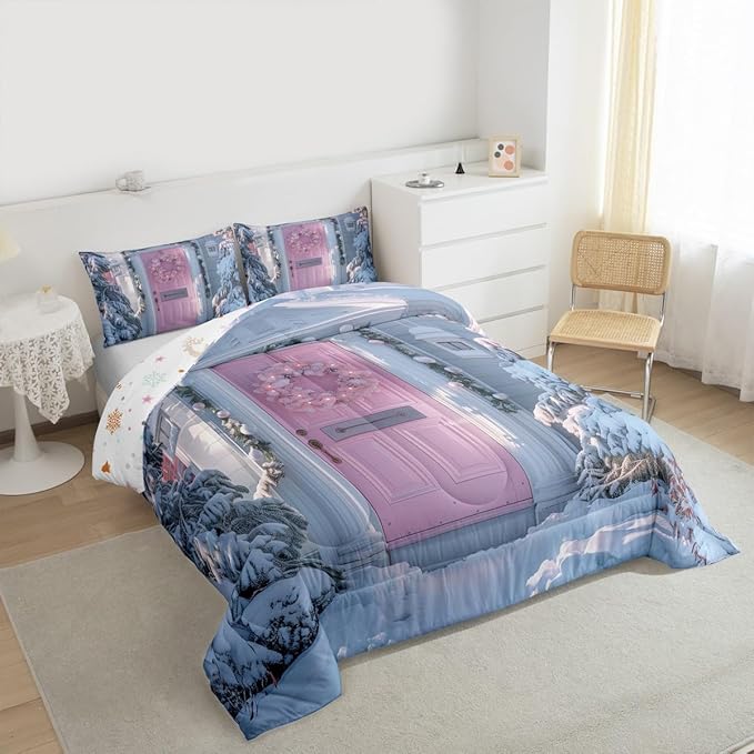 Feelyou Winter Snowscape Bedding Set Soft for Boys Girls, Merry Christmas Comforter Set Queen Size Pink Door Duvet Quilt Microfiber Garland Xmas Tree Bedroom Decor 3 Pcs with 2 Pillow Cases