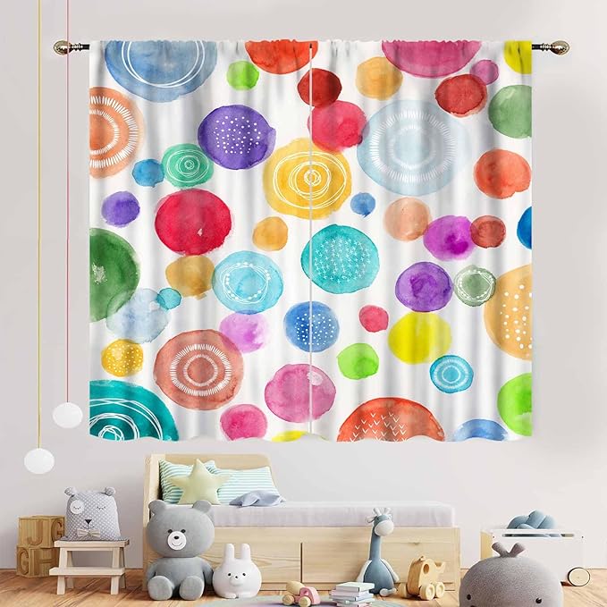 Colorful Curtains for Girls Bedroom, Watercolor Rainbow Cartoon Abstract Circle Polka Dots Splashes Cute Window Drapery for Kids Boys Girls Classroom Living Room Nursery 2 Panels, 42"x63" Inch