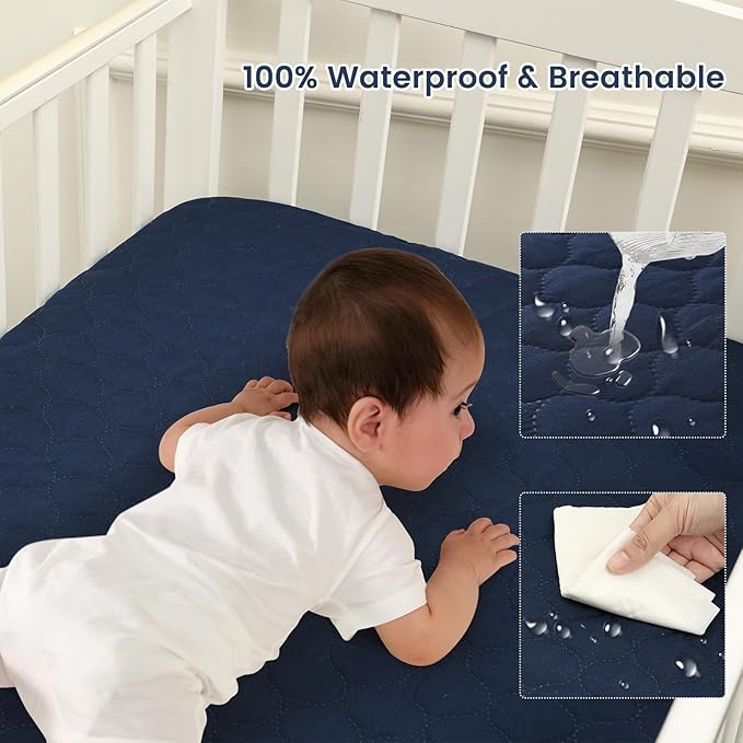 david's kids 2 Pack 38''x25'' Waterproof Mini Crib Mattress Protector, Fitted Pack N Play, Playard and Mini Crib Mattresses, Soft Breathable Pad Cover for Boys Girls Neutral, Navy Blue & Sage Green