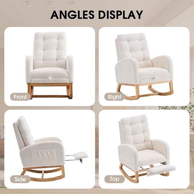 NIOIIKIT Nursery Rocking Chair, Linen Upholstered Glider Chair with Footrest, Tufted Rocker Recliner with Side Pocket, Comfy Recliner Glider, Accent Chair for Living Room (Beige Teddy)