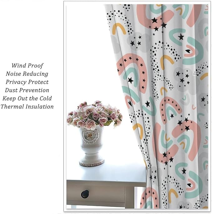 Boho Rainbow Curtains for Kids Nursery Colorful Floral Sun Star Clouds Pastel Bohemian Pattern Print Window Drapes for Girl Bedroom Living Room Kitchen Decor,2 Panel Set,42Wx63H Inch Blackout
