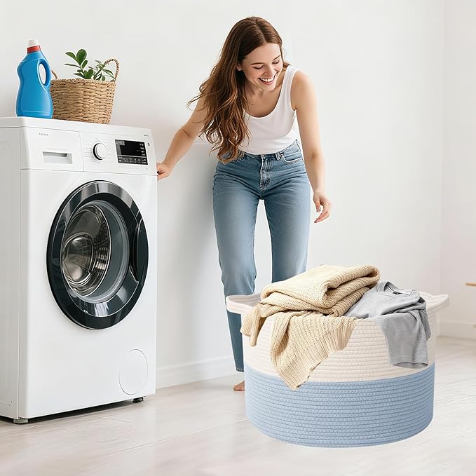 Large Blanket Basket for Organizing,65L Closet Organizers and Storage Bins Box for Shelves Woven Rope Storage Baskets,Living Room,Bedroom,Dorm,Laundry room (White&Blue)