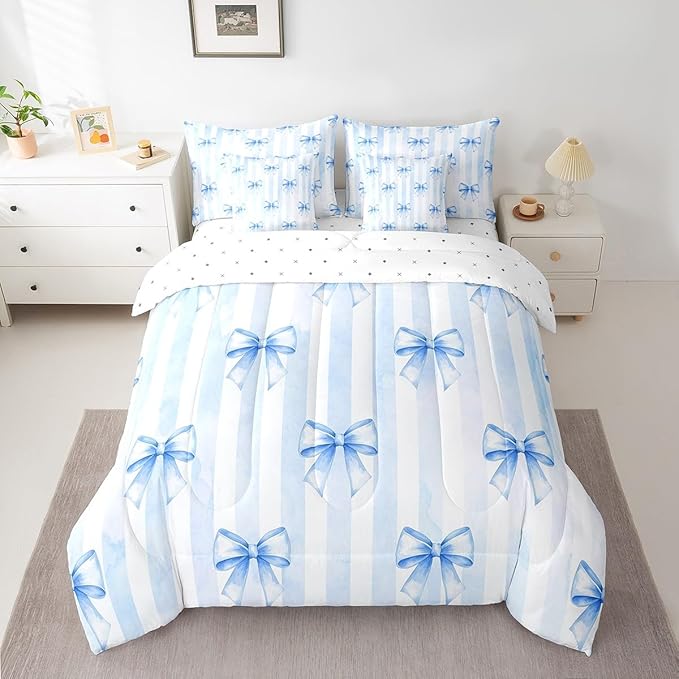 Manfei 7 Pieces Blue Bowknot Kids Girls Comforter Queen Size,Geometric Stripes Bow Tie Patch Dreamy Bedding Set,Butterfly Knot Princess Cute（Comforter+Fitted+Flat+2 Pillowcases+2 Throw Pillow Covers）