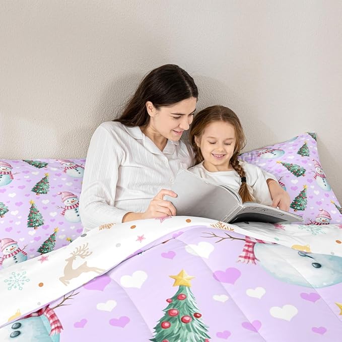 Feelyou Merry Christmas Bedding Set Soft for Boys Girls, Cute Snowman Comforter Set Queen Size Christmas Tree Duvet Quilt Microfiber Love Hearts 3 Pcs with 2 Pillow Cases