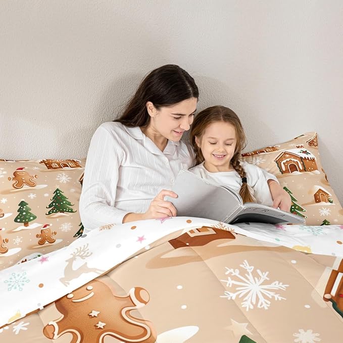 Feelyou Christmas Bedding Set Soft for Boys Girls, Gingerbread Man Comforter Set Toddler Size Snowflake Duvet Quilt Microfiber Xmas Tree Bedroom Decor 2 Pcs with 1 Pillow Cases