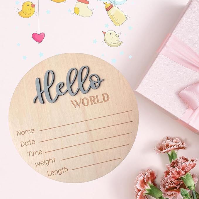 Baby Announcement Sign, 5.9 Inch Wooden Hello World Newborn Signs, Birth Announcement Sign, Baby Shower Hospital Nursery for Newborn Boys and Girls (Gray,Pen)
