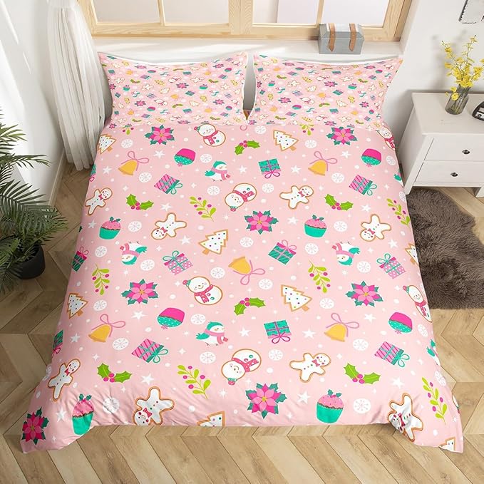 Christmas Kids Bedding Set Cartoon Christmas Tree Snowman Duvet Cover for Boys Children Teens Bedroom Decor Flower Birds Comforter Cover Set Pink New Year Bedspread Cover King Size with 2 Pillow Case