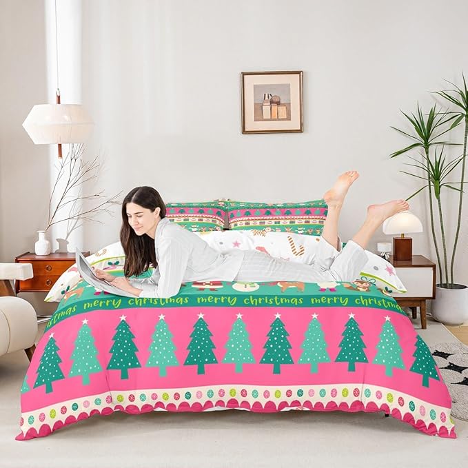 Christmas Bedding Set Cute Snowman Santa Claus Deer Comforter Cover for Kids Christmas Tree Xmas Theme Duvet Cover Breathable Pink Geometric Stripes Bedspread Cover Room Decor Quilt Cover King Size