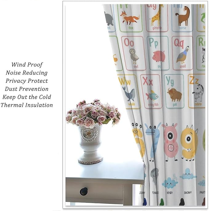 Alphabet Learning Curtain for Kids, Colorful Cartoon Animal Multiplication Table Educational, Classroom Child Printed Rod Pocket Blackout Window Drapes for Bedroom Living Room 52" W X 84" L