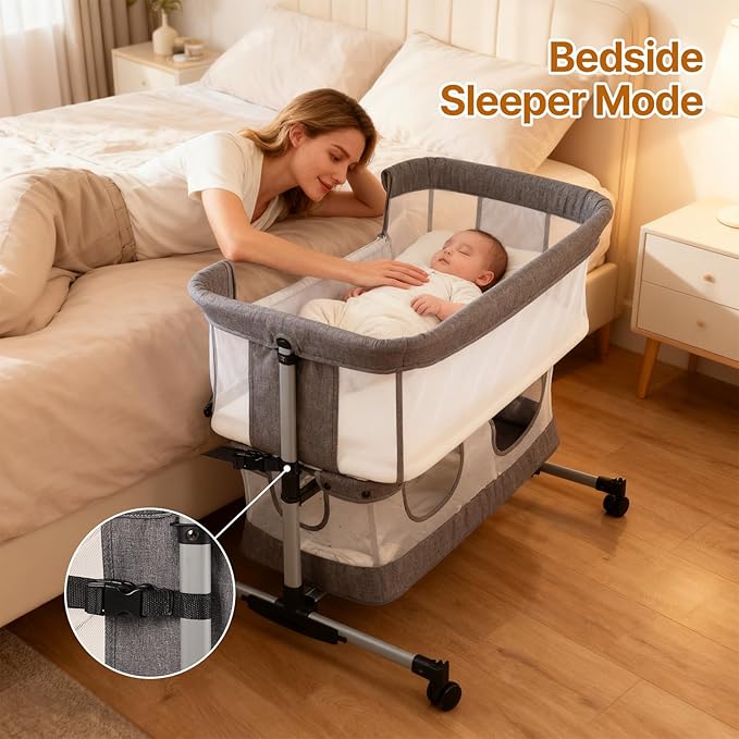 Bassinet Bedside Sleeper, 3-in-1 Baby Bedside Bassinet, 5 Height Adjustable Rocking Baby Crib, Breathable Full Mesh, Mosquito Net, Storage Basket, Stable and Secure Bassinets for Newborn Infant