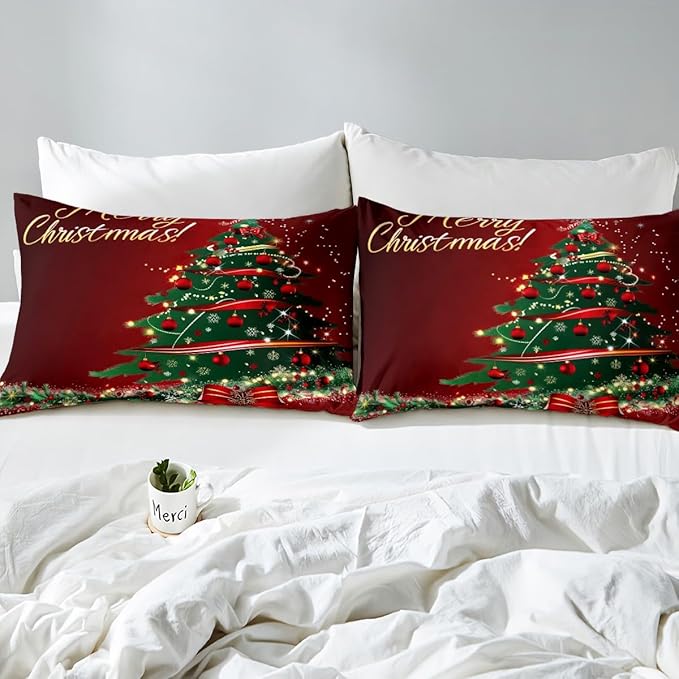 Christmas Tree Duvet Cover Set Twin Size Fir Tree Branches and Deer Print Bedding Set 2pcs for Kids Girls New Year Theme Comforter Cover Merry Christmas Red Quilt Cover with 1 Pillowcase,No Comforter