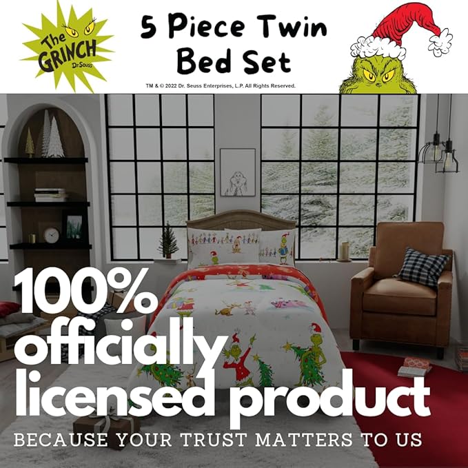Grinch by Dr. Seuss Holiday & Christmas Bedding Soft Comforter and Sheet Set with Sham, 5 Piece Twin Size, (Official Dr. Seuss Product) by Franco