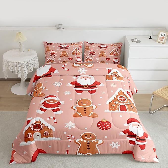Feelyou Christmas Kids Comforter Set Queen Size Santa Bedding Set Gingerbread Man Duvet Quilt for Kids Boys Girls Bedroom Snowflake Decor Microfiber Ultra Soft Breathable