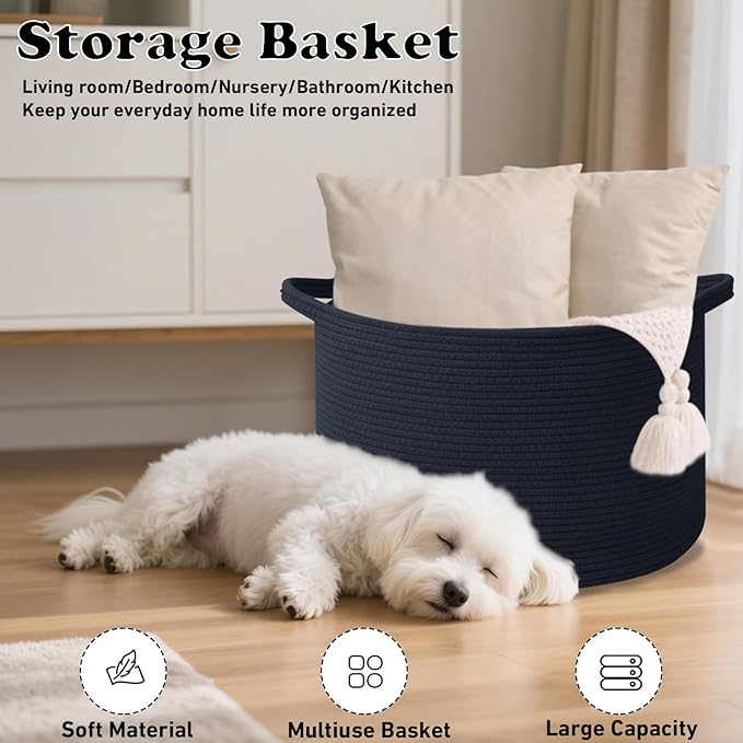 Large Blanket Basket for Organizing,65L Closet Organizers and Storage Bins Box for Shelves Woven Rope Storage Baskets,Living Room,Bedroom,Dorm,Laundry room (Navy)