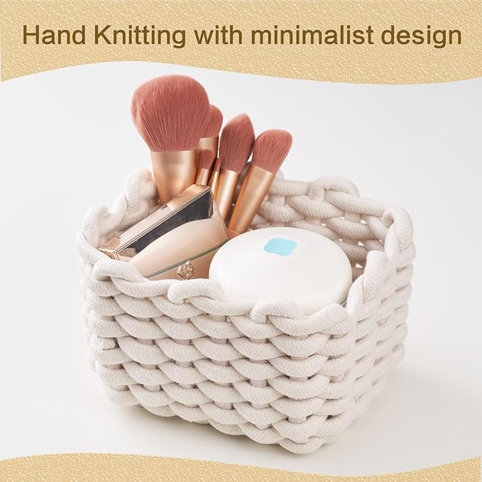 Small Storage Square Basket for Organizing, Cute Bedside Caddy for Little Items, Cotton Rope Woven Basket for Shelves, Bathroom, Dresser Top, Desk, Minimalist Chic Design for Nursery, Bedroom, Office