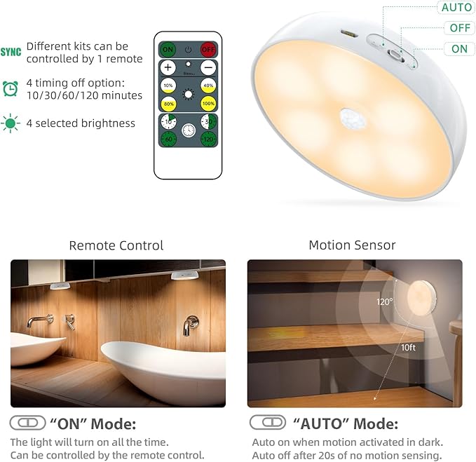 LED Closet Step Lights Motion Sensor Puck Light Compatible with Charging Station, 3 Colors Temperatures USB Rechargeable Indoor Under Cabinet Lighting(6 Pack)