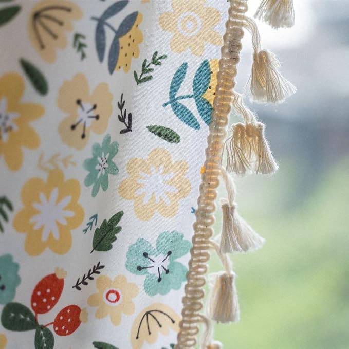 ENJOYBRIDAL Floral Curtains 84 Inch Length 2 Panels Tassel Boho Semi-Sheer Drapes Bedroom Living Room Farmhouse Rustic Country Yellow Green Flower Rod Pocket Cotton Linen Blend Window Curtain Panel