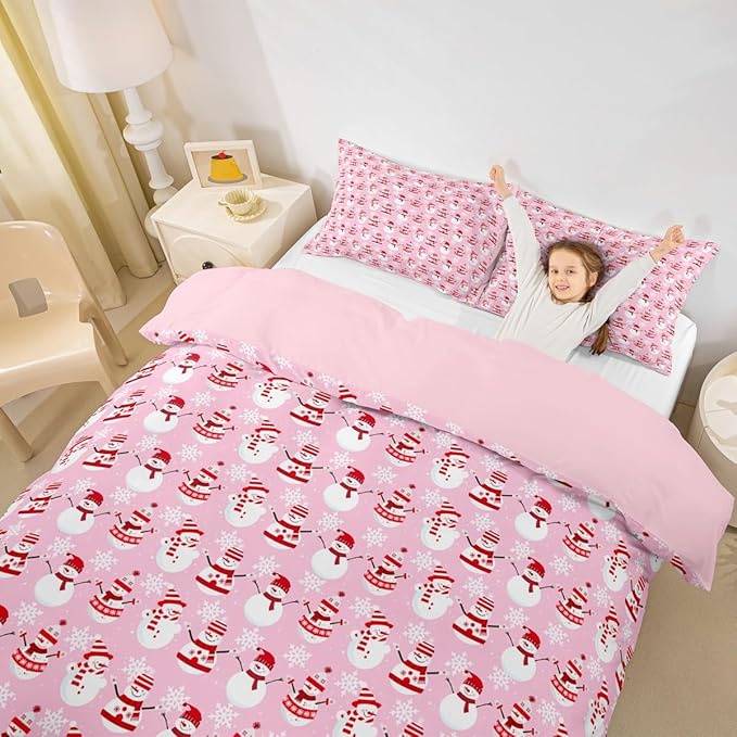 Christmas Bedding Duvet Cover Set Kids Cartoon Christmas Snowman Bedding Set Boys Girls Decor Snowflake Comforter Cover Set Microfiber Pink Xmas Theme Bedspread Cover Bedroom Bedclothes Toddler Size