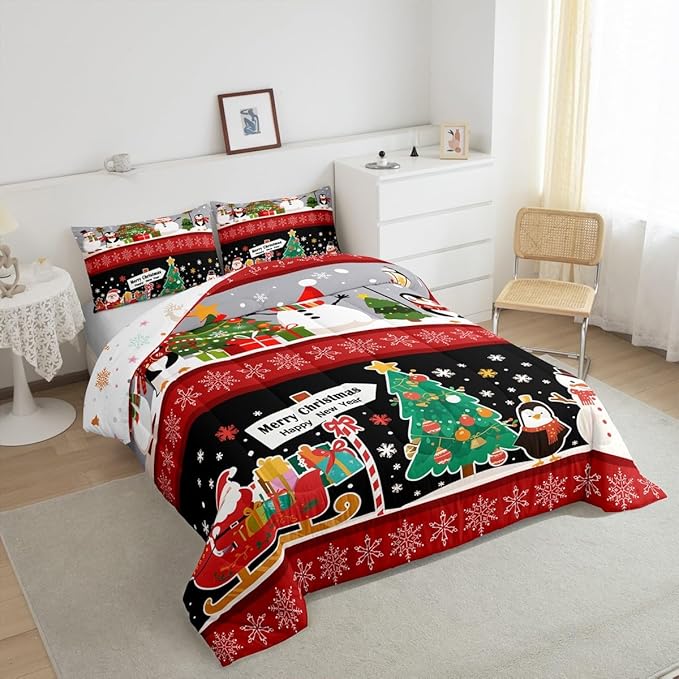 Erosebridal Christmas Tree Decor Quilts Cartoon Snowman Comforter Set for Teens Kids Boys Xmas Deer Elk Santa Claus Bedding Set for New Year Snowflake Red and Black Duvet Insert Queen Size